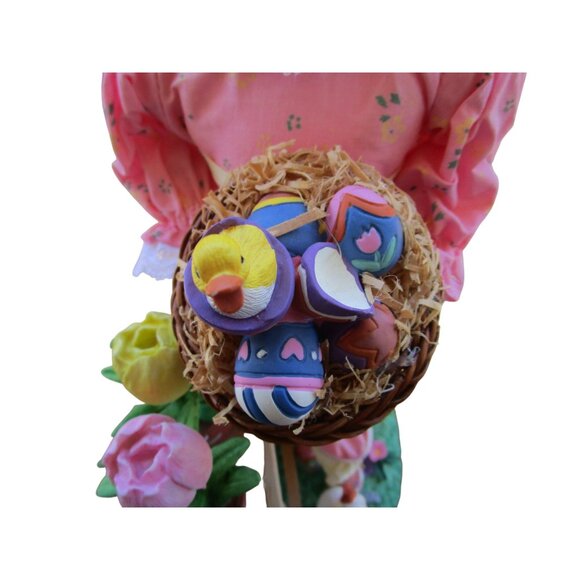 Fabric Mache Mrs. Easter Bunny Figurine With Tulips Eggs Duckling GUC - Picture 15 of 16